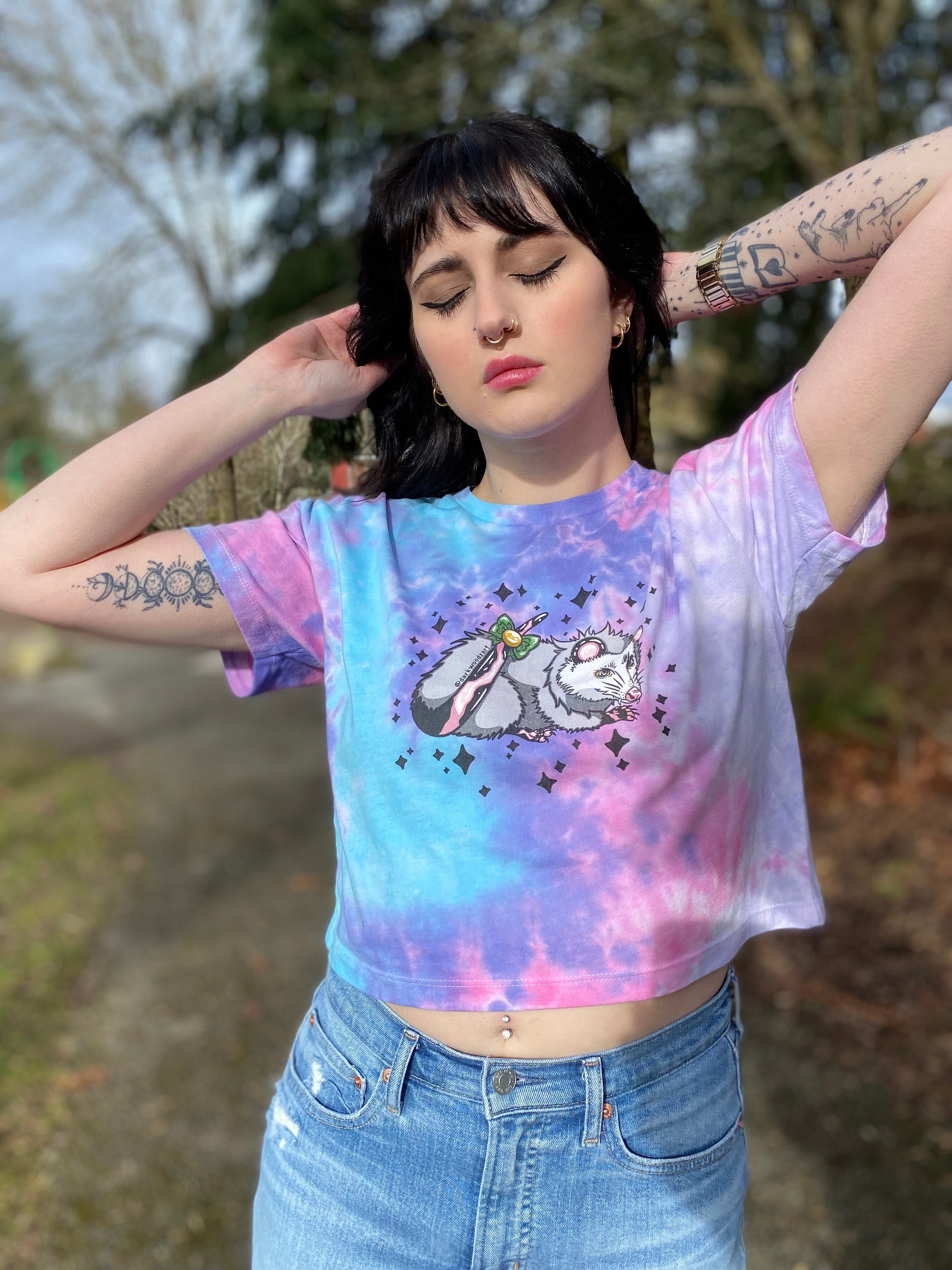 Pretty Opossum Tie Dye Crop Top Summer Cute Possum Rainbow Graphic