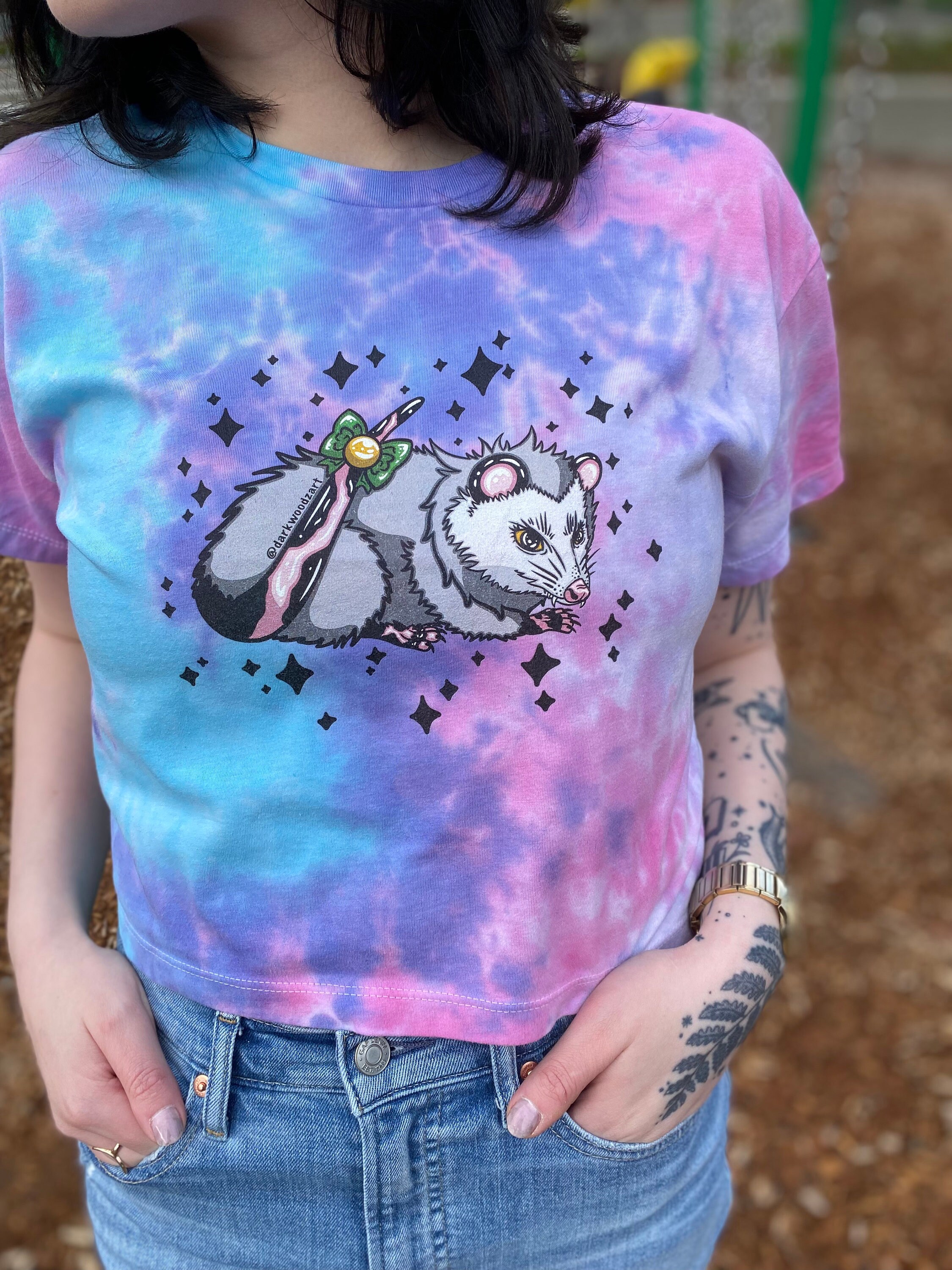 Pretty Opossum Tie Dye Crop Top Summer Cute Possum Rainbow Graphic