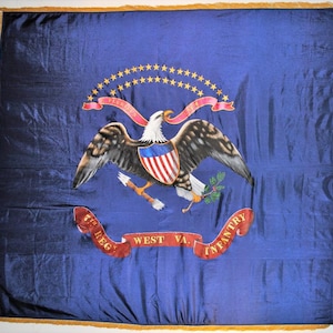 Puede incluir: Una bandera azul con flecos dorados. La bandera presenta un águila calva con un escudo en el pecho, rodeada de un círculo de estrellas. El águila sostiene un hacha y una rama de acebo. El texto "2nd REG'T WEST VA. INFANTRY" está escrito en una cinta roja alrededor del águila.