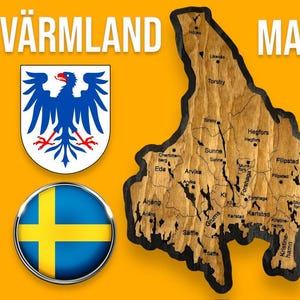 3D Värmland Holzkarte – Lasergeschnitten, 2 Schichten, Teak & Schwarz, 385x250mm, Wanddeko mit Haken, handgefertigt und einzigartig Schweden