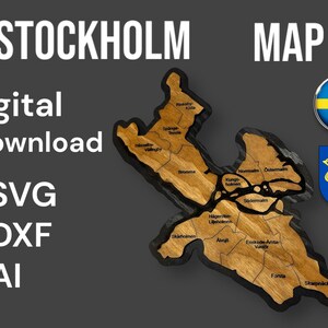 Archivos vectoriales de distritos de Estocolmo (.svg, .dxf, .ai): mapa detallado con 14 distritos e islas, para proyectos de bricolaje, láser y trazador