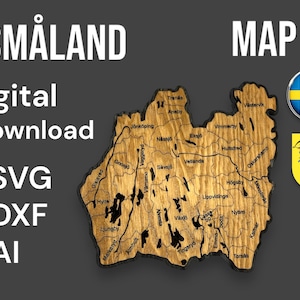 Småland Karte Vektor-Dateien (.svg, .dxf, .ai) – detailliert mit Kommunen & Seen. Perfekt für DIY, Laser und Plotter-Projekte, Schweden