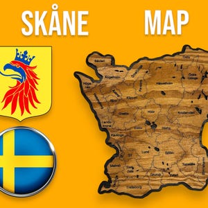 3D Skåne Karte aus Holz – Lasergeschnitten, 2 Schichten, Teak & Schwarz, 280x280mm, Wanddeko mit Haken, handgefertigt und einzigartig