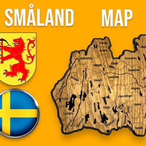 3D Småland Holzkarte – Lasergeschnitten, 2 Schichten, Teak & Schwarz, 240x235mm, handgefertigte Wanddeko mit Haken zur Montage, Schweden
