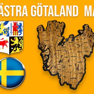 Carte en bois 3D Västra Götaland - Découpe laser, 2 couches, teck et noir, 260 x 294 mm, décoration murale faite à la main avec crochets, Suède