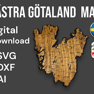 Västra Götaland Karte Vektor-Dateien (.svg, .dxf, .ai) – detailliert Kommunen & Seen. Ideal für DIY, Laser und Plotter-Projekte, Schweden