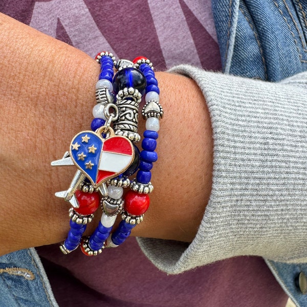 Wrap bracelet Patriot Military Air Force Memory wire Red White Blue America hearts