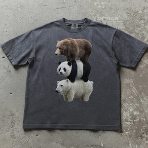 Può includere: Una maglietta grigia con una grafica di tre orsi impilati: un orso bruno, un panda e un orso polare. Il testo "DESIGN TEES CENTRAL" è stampato in alto a destra sulla maglietta.