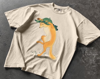 Traditional Japanese Folk Art Dancing Fox T-Shirt, Leaf Hat Fox in the Rain, Japanese Woodblock Art Tee, Woodland Animal Gift