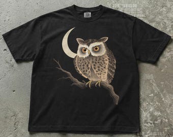 Traditional Japanese Owl and Crescent Moon T-Shirt, Asian Woodblock Night Owl Art Tee, Vintage Style Folk Gift
