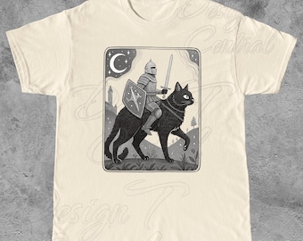 T-shirt Knight Riding Black Cat : Art médiéval-fantastique