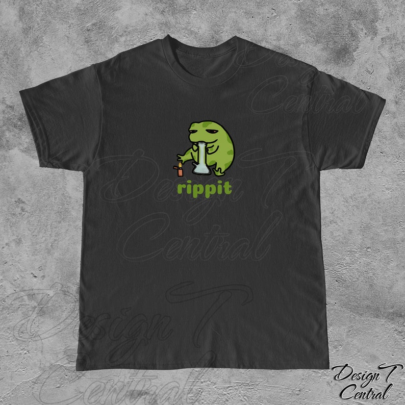 May include: Black t-shirt with a green cartoon frog smoking a bong. The text "rippit" is printed below the frog.
