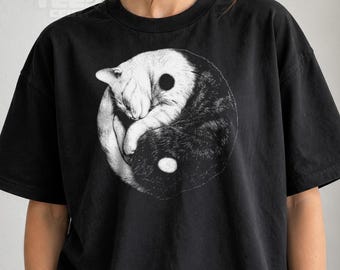 Yin Yang Cats T-Shirt, Black and White Cat Graphic