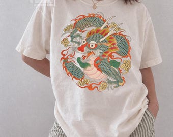 Traditional Korean Minhwa Dragon T-Shirt, Joseon Artist, Dragon and Carp Legend, Vintage Folk Art Tee, Chinese Dragon Tee
