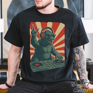 Godzilla Kaiju DJ Shirt | Cool Comfort Colors DJ Graphic Tshirt, Retro God Zilla T-Shirt, Classic Tokyo Godzilla Funny Shirt, Boys Mens Tee