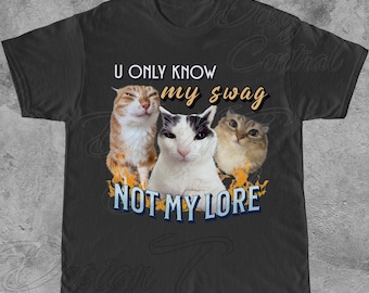 May include: Black t-shirt featuring three cats with the text "U ONLY KNOW my swag NOT MY LORE". The cats are a mix of orange tabby, black and white, and grey. Flames are at the bottom of the cats.