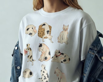 Traditional Japanese Folk Art Tokaido Cats T-Shirt, 53 Stations Cat Puns, Japanese Ukiyo-e Art Tee, Vintage Style Cat Lover Gift