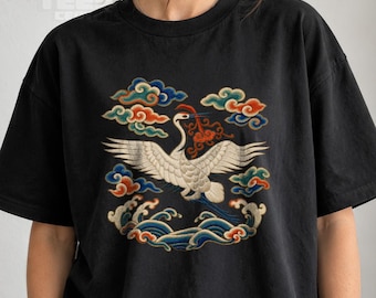 Traditional Korean Crane T-Shirt, Joseon Artist Art, Vintage Style Asian Japanese Bird Graphic Tee