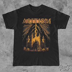 May include: Black t-shirt with a graphic design of a wizard standing in front of a castle with the word "AUTISM" above it.