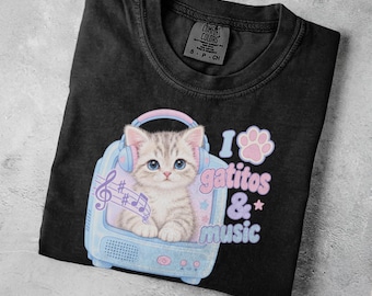 I Love Gatitos and Music T-Shirt, Cute Headphone Kitten Graphic Tee, Pastel Cat Lover Shirt
