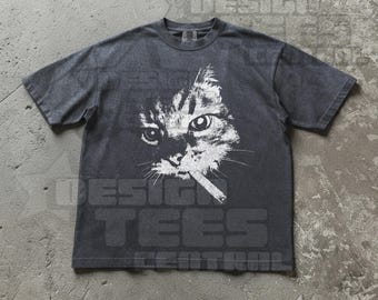 Cat Smoking Cigarette Funny Graphic Shirt | Comfort Colors® Unisex Black T-Shirts, Mens Funny Oversized TShirt, Stupid Meme Cig