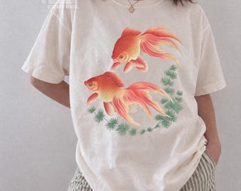 Traditional Japanese Folk Art Goldfish T-Shirt, Asian Woodblock Art Tee, Vintage Style Kingyo Shirt