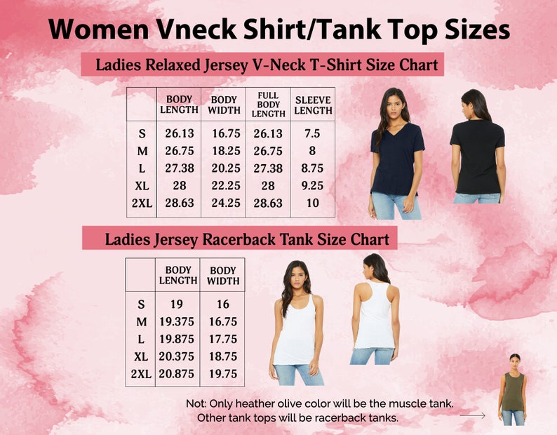 Pu&ograve; includere: Tabella delle taglie per camicie a collo a V e top a canotta per donna. La tabella mostra la lunghezza del corpo, la larghezza del corpo e la lunghezza della manica per diverse taglie. La tabella include anche una nota che solo il colore oliva melange sar&agrave; il tank muscolare, mentre gli altri tank saranno tank a schiena scoperta.
