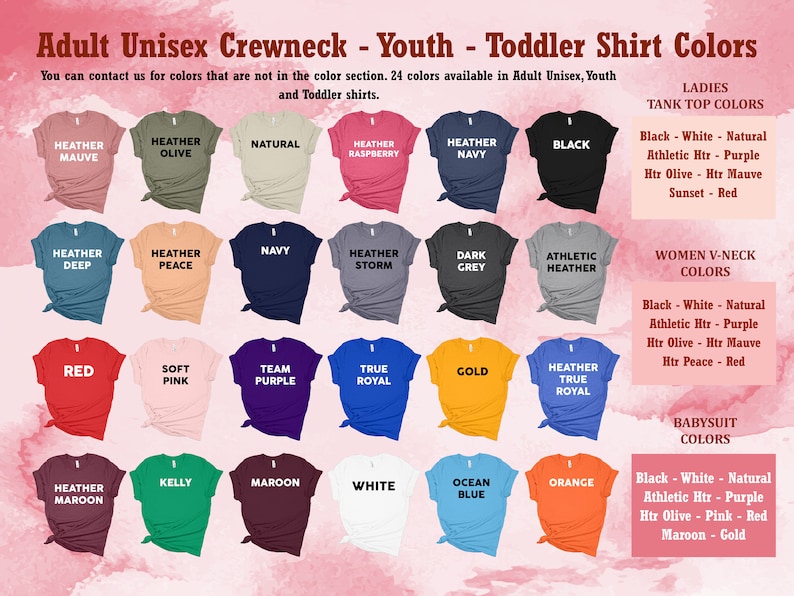 Pu&ograve; includere: Un grafico che mostra 24 colori diversi di magliette disponibili in taglie unisex per adulti, ragazzi e bambini piccoli. I colori includono malva melange, oliva melange, naturale, lampone melange, blu navy melange, nero, blu scuro melange, beige melange, blu navy, blu tempesta melange, grigio scuro, melange atletico, rosso, rosa tenue, viola di squadra, blu reale, oro, blu reale melange, marrone melange, verde kelly, marrone, bianco, blu oceano e arancione.