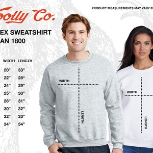 May include: Size chart for a unisex Gildan 1800 sweatshirt. The chart shows the width and length measurements in inches for sizes S through 5XL.