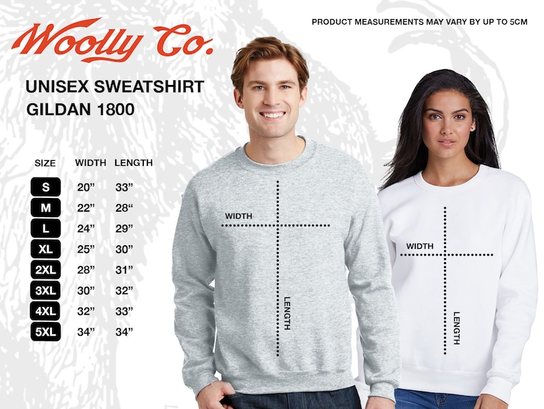 May include: Size chart for a unisex Gildan 1800 sweatshirt. The chart shows the width and length measurements in inches for sizes S through 5XL.