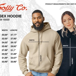 May include: Unisex hoodie size chart with measurements in inches. The chart shows the width and length of the hoodie in different sizes, from S to 5XL. The chart is printed on a white background with black text.