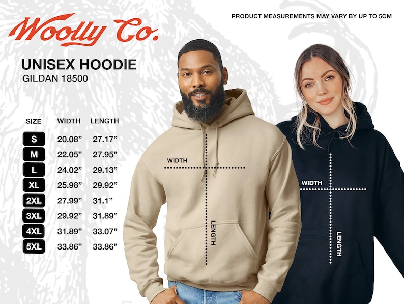 May include: Unisex hoodie size chart with measurements in inches. The chart shows the width and length of the hoodie in different sizes, from S to 5XL. The chart is printed on a white background with black text.