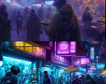 2 Cyberpunk Street Market designs: Futuristic Urban Vibes - Limited Edition Digital Art Bundle - Holographic Aesthetics - Instant Downloads