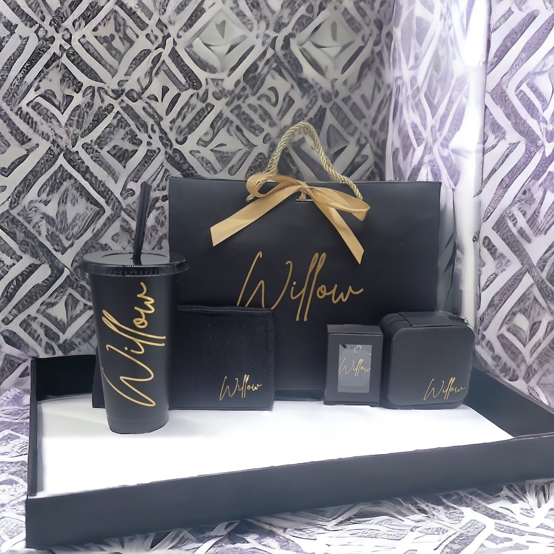 Personalised Black & Gold Gift Set Tumbler Jewellery Box Make up Bag