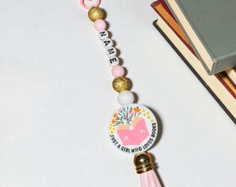 Personalised Girl who loves Books Name Keyring | Kids/ Adult Bag Charm with Tassel