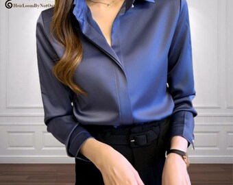 Women Silk Shirt, Long Sleeve Shirts, Silk Satin Blouse, Solid Fashion Ladies Tops