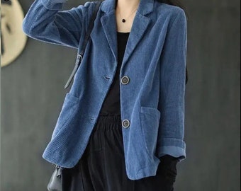 Manteau en velours côtelé fait main, veste en coton vintage, blazer ample en patchwork, trench-coat chaud