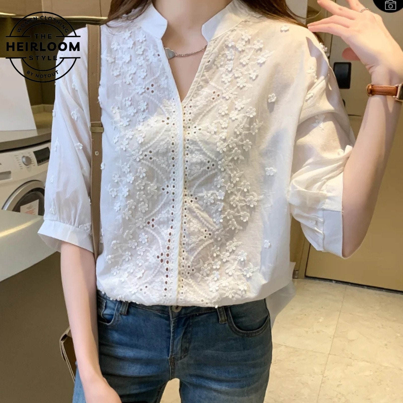 Women Summer Artsy Embroidery V Neck 100 Cotton Blouse