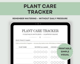 May include: A digital plant care tracker displayed on a tablet. The screen shows a printable, simple, and visual layout for tracking plant watering and care. Text includes "Plant Care Tracker" and instructions for use.
