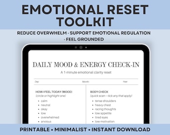 Emotional Reset Toolkit Printable Overwhelm Relief Mood Check-In Self-Regulation Worksheets