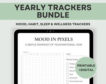 Yearly Tracker Bundle Printable Wellness Mood Habit Sleep Digital Planner Kit