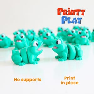 Op de afbeelding: Een groep fel turquoise groene kikkerfiguurtjes die ter plekke zijn geprint. De kikkers kijken elkaar aan en hebben grote ogen en een open mond. De tekst "PRINTY PLAY" staat op de achtergrond. De tekst "No supports" en "Print in place" staat onderaan de afbeelding.
