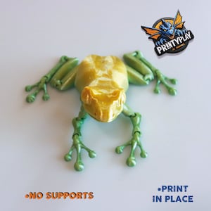 May include: A 3D printed green and yellow frog figurine with articulated legs. The frog is printed in place, meaning no supports are needed.