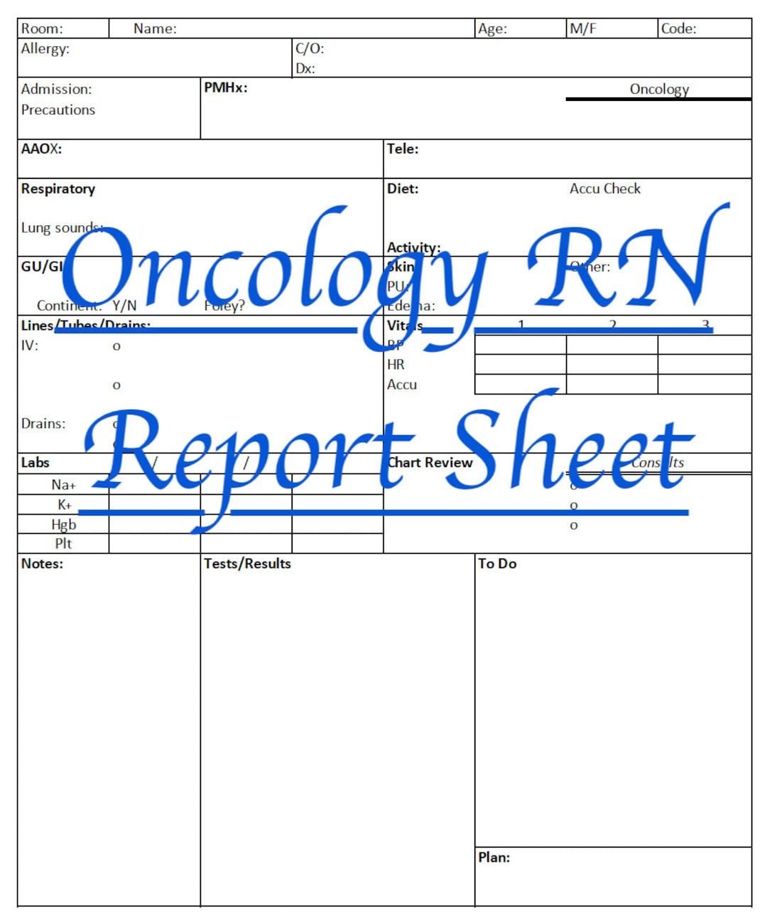 Oncology RN Report Sheet, Printable SBAR, Oncology RN Spreadsheet Etsy