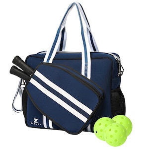 May include: A navy blue and white striped duffel bag with a separate pocket for paddles. The bag has a zipper closure and a mesh pocket on the side. Three bright green pickleball balls are in front of the bag.