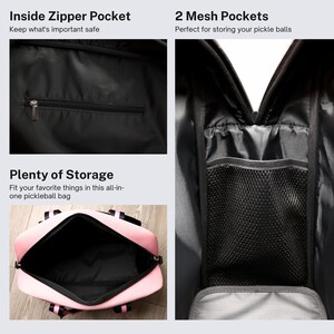 May include: A pink pickleball bag with black trim and a zippered pocket. The bag has two mesh pockets inside for storing pickleballs. The bag is open and empty, showing the interior.