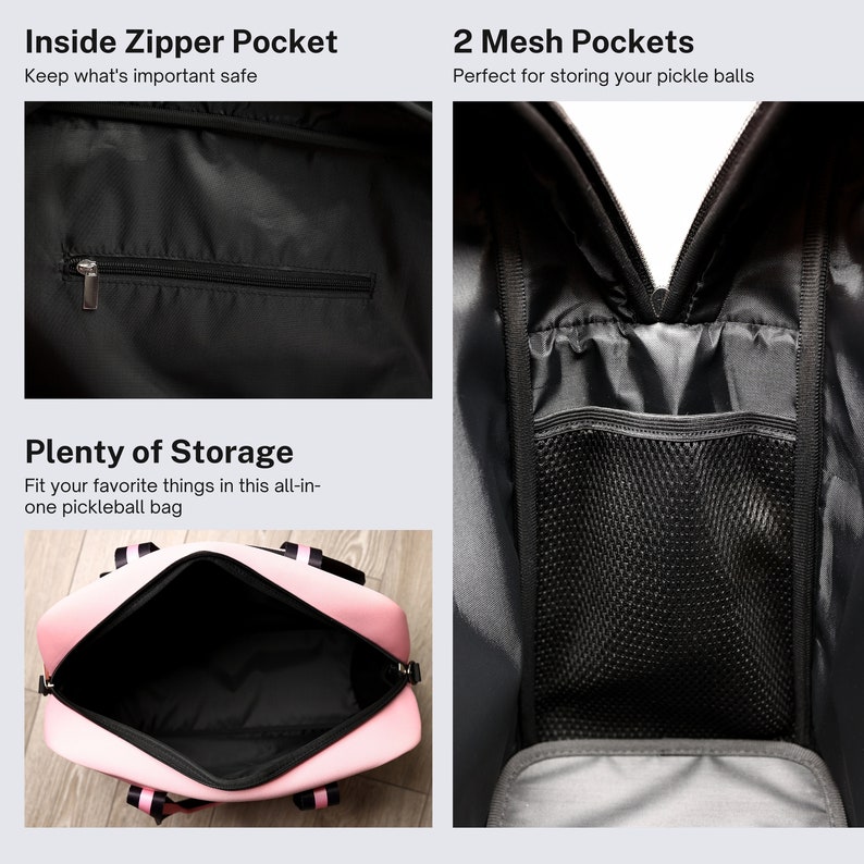 May include: A pink pickleball bag with black trim and a zippered pocket. The bag has two mesh pockets inside for storing pickleballs. The bag is open and empty, showing the interior.