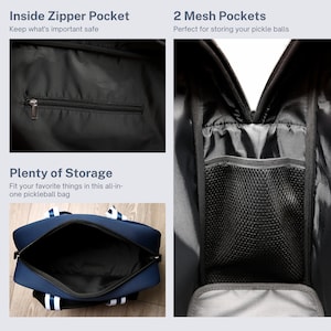 May include: A blue pickleball bag with white stripes. The bag has a zippered pocket on the outside and two mesh pockets on the inside. The bag is open and empty, showing the interior.
