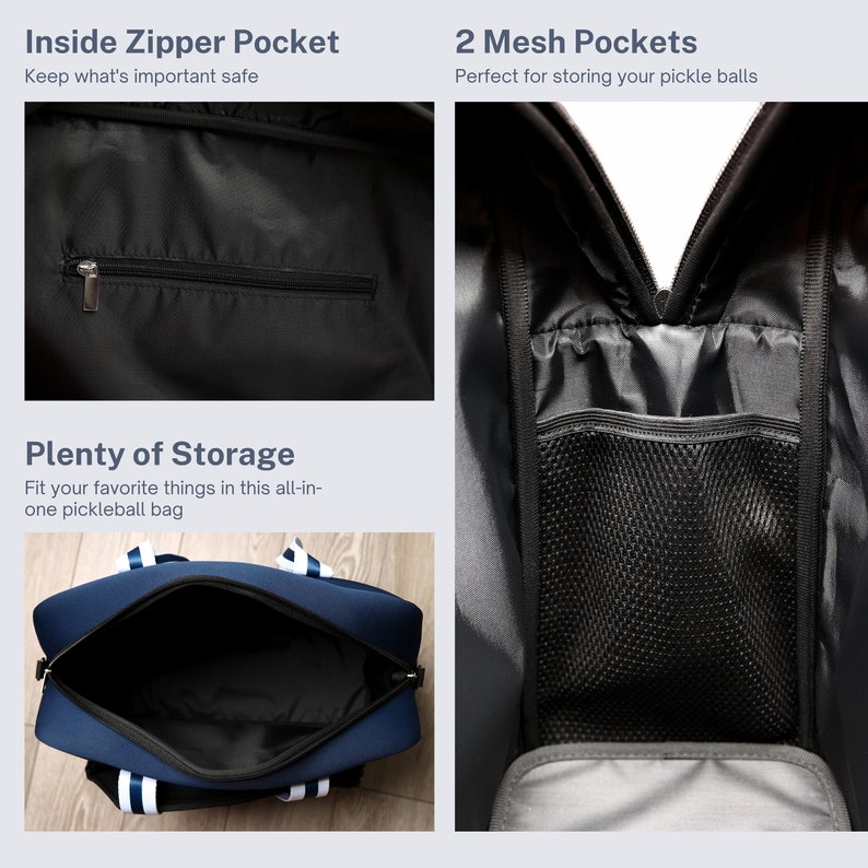 May include: A blue pickleball bag with white stripes. The bag has a zippered pocket on the outside and two mesh pockets on the inside. The bag is open and empty, showing the interior.