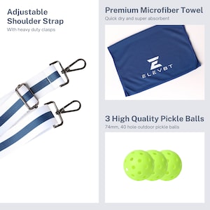 May include: A set of pickleball equipment including three bright green pickleballs, a blue microfiber towel with the text "ELEVBT" and an adjustable white and blue striped shoulder strap with silver clasps.